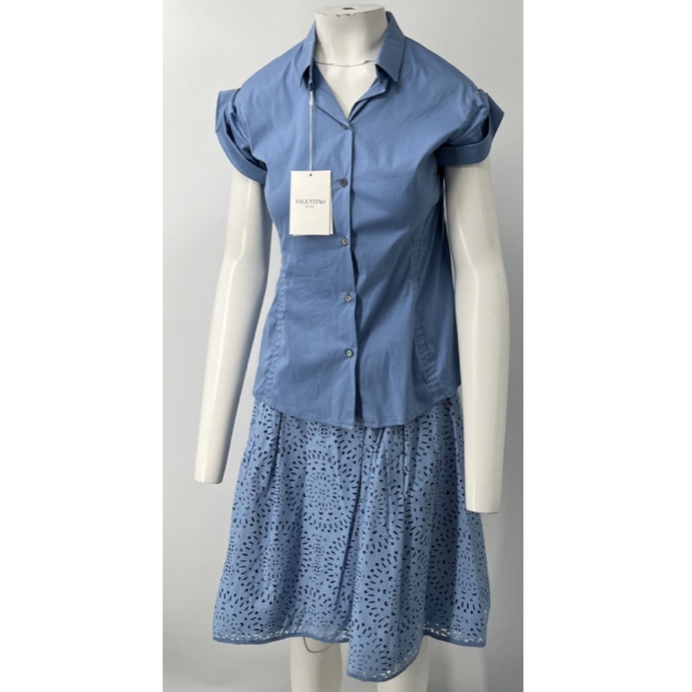 Valentino ALTERED Blue Cotton Blend Button-Up Shirt + Broderie Skirt sz 40/42